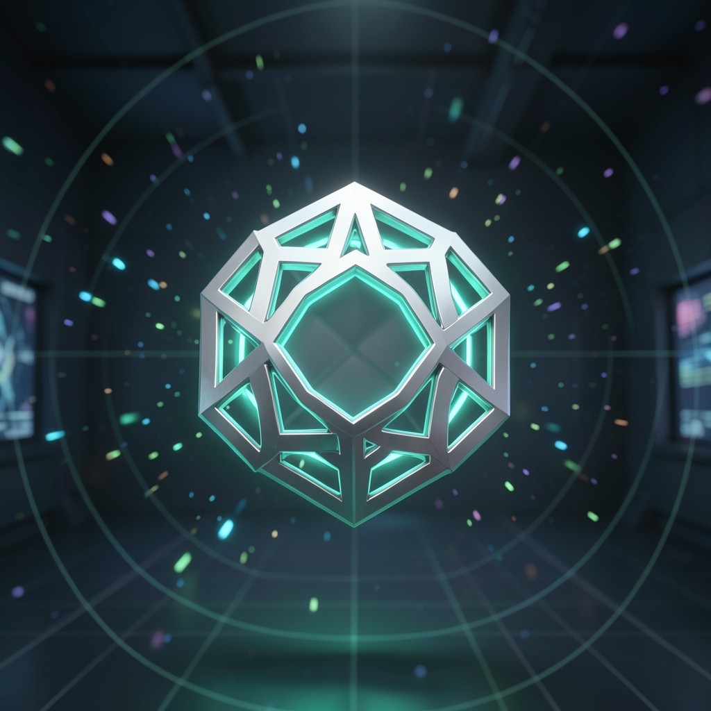 Futuristic metallic silver and turquoise holographic medallion