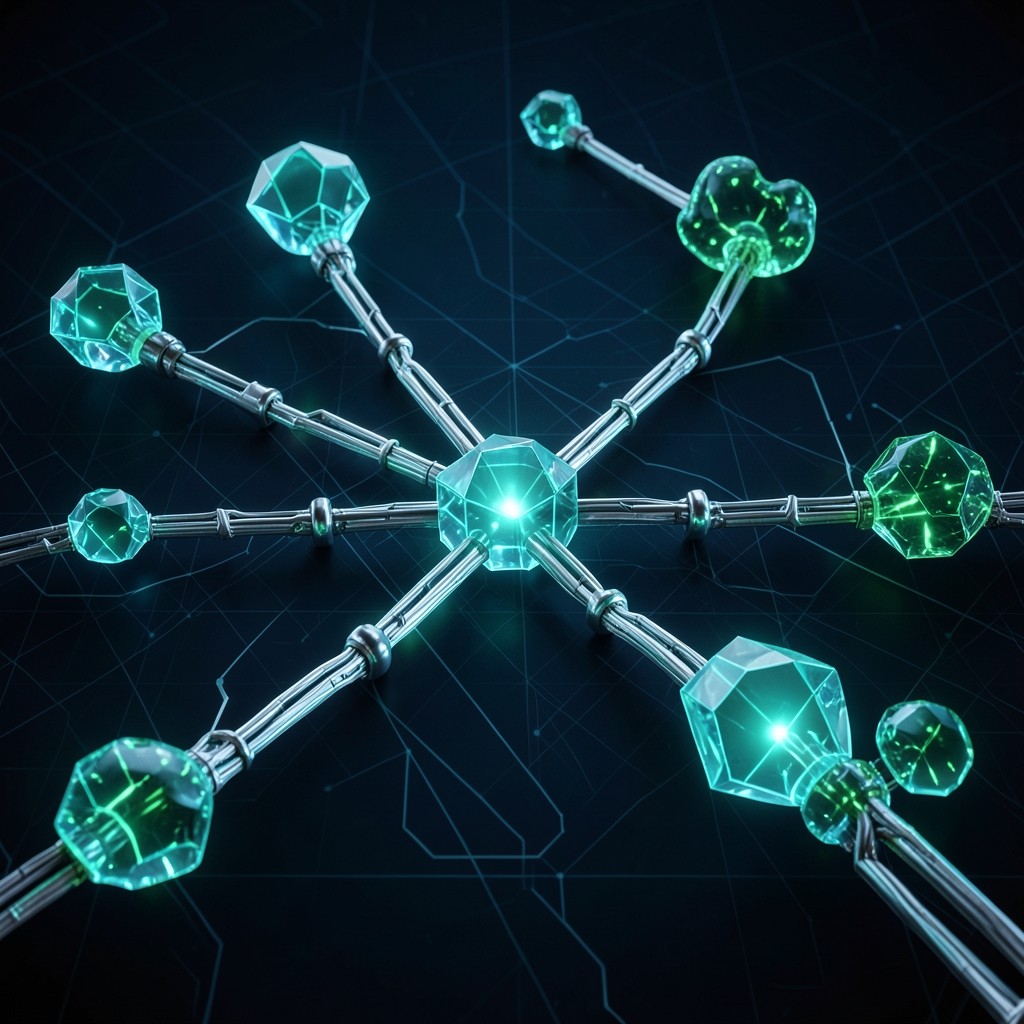 Futuristic blockchain consensus visualization with glowing cyan pathways