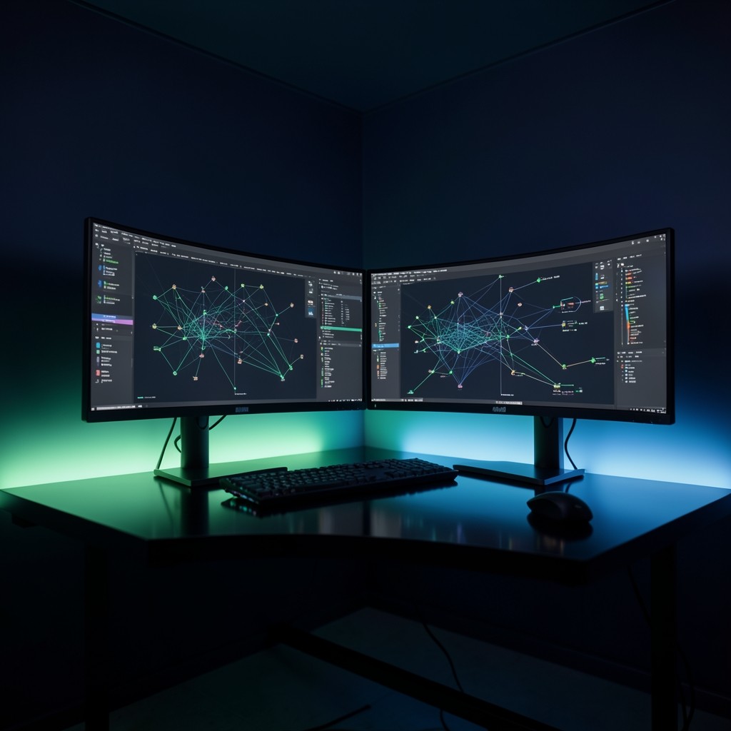 Software engineering studio with dual displays analyzing distributed system topology